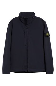 The label's detachable compass badge adds a heritage signature to this lightweight twill jacket softened with easy-moving stretch. Two-way front-zip closure Stand collar Side-seam pockets 92% polyester, 8% elastane Machine wash, line dry Imported Designer Clothing Casual Workwear Outerwear With Logo Patch, Stone Island Windbreaker, Stone Island Puffer Jacket, Stone Island Badge, Stone Island Shirt, Stone Island Zip Hoodie, Twill Jacket, Stand Collar, Navy Blue