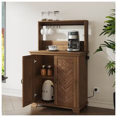 a small wooden cabinet with a coffee maker on it's top and shelves above