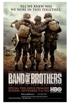 a movie poster for band of brothers with three men in uniform and one man holding his back