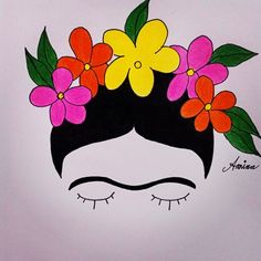 a drawing of a woman's face with flowers in her hair