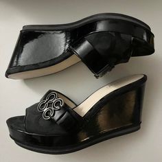 Coach Black Wedge Sandals With Cc Pattern. Women's Size 6. 3 Inch Platform. In Brand New Condition No Returns Accepted. Silver Slip-on Wedge Sandals, Patent Leather Wedge Sandals For Evening, Silver Wedge Heel Sandals For Formal Occasions, Elegant Black Leather Wedge Sandals, Silver Formal Wedge Sandals, Elegant Slip-on Wedge Sandals For Formal Occasions, Coach Platform Wedge Sandals, Coach Platform Wedge Heels, Formal Patent Leather Platform Wedge Sandals