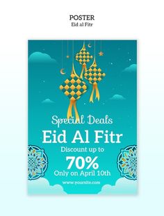 a poster advertising an eid al fitr sale on the front of a blue background