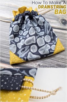 an image of a drawstring bag made out of fabric and some other things