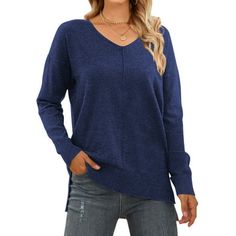 MOSHU V Neck Sweaters for Women Fall Lightweight Knit Pullover Sweater Side Slits Tops Indulge in soft comfort with our V Neck Sweaters for Women. Made from lightweight knit fabric, this womens sweaters ensures all-day coziness and breathability, making it perfect for the fall season. The relaxed V-neckline and fit add to its versatile charm, allowing you to dress it up or down effortlessly. Featuring side slits, this fall sweaters offers enhanced movement and a flattering drape, preventing it f Trendy Blue V-neck Sweater For Winter, Blue Knit V-neck Sweater For Fall, Casual Blue V-neck Sweater For Winter, Blue Casual Knit V-neck Sweater, Casual Blue Cotton V-neck Sweater, Chunky Jumper, Winter Pullover, Plus Size Sweaters, Knitted Pullover Sweaters