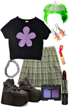 queen of rock and roll Outfit | ShopLook Green Plaid Skirt, Tattoo Choker, Green Wig, Baby Earrings, Alt Girl, Rock Concert, Club Kids, Plaid Skirts