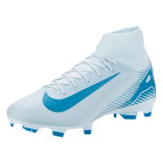 the nike superfly football shoe is white and blue