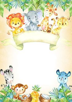 a watercolor drawing of jungle animals with a banner in the middle that says welcome