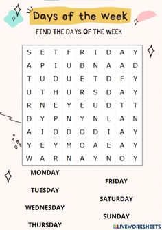 the days of the week word search