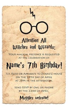 an old harry potter birthday party card with the words, name and age on it