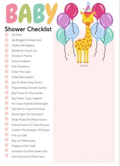 a baby shower checklist with balloons and a giraffe in the middle is shown