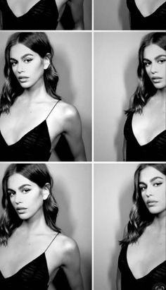 four different pictures of a woman in black and white