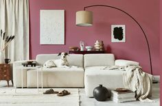 a living room with pink walls and white furniture, including a dog laying on the couch