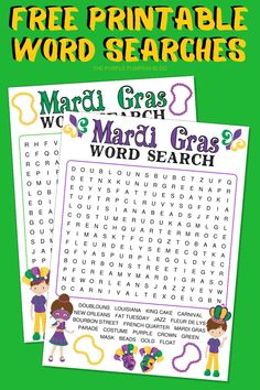 the mardi gras word search is shown in this free printable activity book