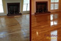 before and after pictures of a wood floor in a living room with white trim on the fireplace