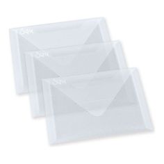 three clear envelopes with white writing on them