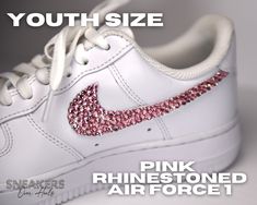 YOUTH SIZE - Nike Air Force 1 Custom with ROSE PINK Swarovski Crystals Previously Sold on BelzShopByAndrea DISCLAIMER: Stock is low right now due to major shipping delays. If you need a specific size please message me before you order to see if I have it in stock! Materials purchased from authorized retailers and made with extreme attention to detail. Made with a variety of crystal sizes for maximum bling with all 4 Nike Swoosh Logo's embellished. Each shoe is clean and prepped before the rhines Pink Air Force 1, Bling Sneakers, Rhinestone Sneakers, Wedding Shoes Sneakers, Bedazzled Shoes, Nike Air Force 1 Custom, Air Force 1 Custom, Nike Swoosh Logo, Custom Air Force 1