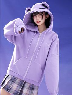 ❤Devil Bear Hoody Pocket Sleeve Trainer Devil Bear Cat Sleeve Zip Up Parker❤ Hoodie Pocket, Kawaii Hoodie, Bear Cat, Bear Sweater, Bear Jacket, Fleece Cardigan, Perfect Cardigan, Purple Cardigan, Bear Hoodie