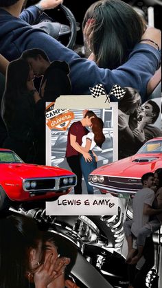 a collage of photos with cars and people in the background, including an image of a woman kissing a man's head