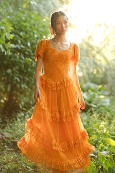 Raya Dress Orange Dress With Sleeves, Orange Wedding Dress, Scullery Maid, Fairytale Outfits, Descendants Outfits, Bright Dresses, Raya Dress, Orange Lace Dress, Petal Sleeves