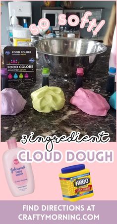 the ingredients to make cloud dough are shown in this ad for craftymorning com