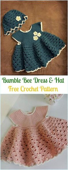 crochet baby dress and hat pattern with text that reads, bumble bee dress and hat free crochet pattern