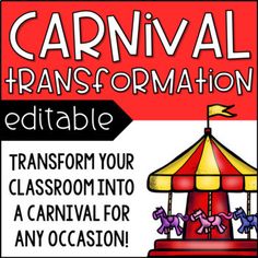 a carnival sign with the words carnival transportation editable and an image of a carousel