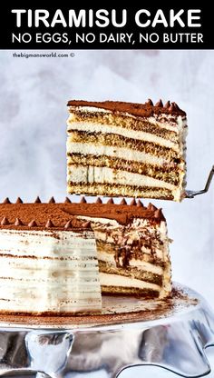 a slice of tiramisu cake being served. New Easy Dessert Recipes, Gluten And Dairy Free Birthday Desserts, Vegan Gf Cake Recipes, Non Dairy Birthday Cake, Non Dairy Birthday Desserts, Gluten Free Dairy Free Tiramisu, Vegan And Gluten Free Cake Recipes, Vegan Gluten Free Tiramisu, Non Dairy Tiramisu