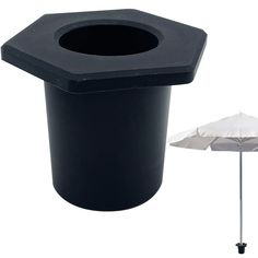 a trash can with an umbrella in front of it and another object next to it