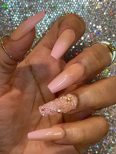 Ombré pink with crystal accents Pink And Mauve Nails, Long Almond Nails Designs Classy, Nude Pink Nail Designs, Pink And White Glitter Nails, Soft Pink Nails Designs, Pink And Nude Nails, Peach Ombre Nails, Classy Nude Nail Designs, Ombre Acrylic Nails Coffin