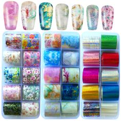 PRICES MAY VARY. Designer nail transfer foils kit includes 3 boxes mixes design transfer nail foil sticker, trendy, unique and beautiful nail foil transfer sticker in different style and patterns, can create various style transfer foil manicure.Marble & flower nail transfer sticker kits are fashion and beautiful and without duplicates. Transfer nail foils sticker featured with kinds of spring flowers, marble, holographic, starry, floral in different colors. Difference style and patterns allow yo Foil Manicure, Manicure Supplies, Fake Nail Tips, Nail Foils, Aurora Nails, Foil Nail Art, Acrylic Tips, Nail Foil, Colorful Nail Art