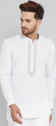 White and Off White color Kurta in Blended Cotton fabric with Embroidered, Thread work White Long Sleeve Embroidered Fabric For Festive Occasions, Elegant White Kurta With Cutwork, Elegant White Cutwork Kurta, White Embroidered Fabric For Summer Festivals, White Embroidered Long Sleeve Fabric For Eid, White Long Sleeve Embroidered Fabric For Eid, White Color, Thread Work, Off White Color