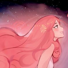 a drawing of a pink haired girl with stars in the background