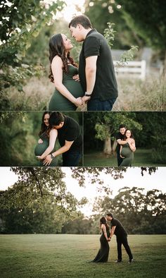 an image of a pregnant couple kissing in the grass with trees and bushes behind them