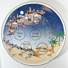 a plate with an image of people walking in the desert and buildings on top of it