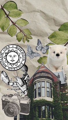 a polar bear sitting in front of a building with leaves and butterflies around it's head