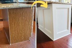 before and after pictures of a kitchen island being installed