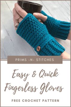 the fingerless gloves are knitted in blue yarn