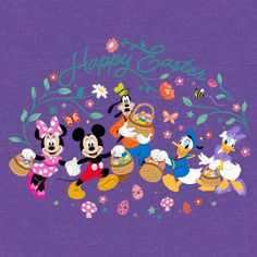 mickey mouse and friends with happy easter message on purple background for t - shirt design