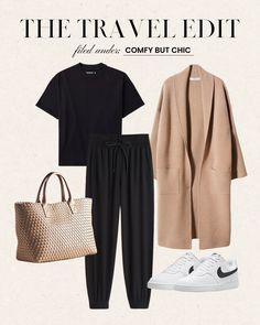 The Travel Edit: 5 Simple Travel Day Outfit Ideas Casual Winter Travel Outfits, Kim Kardashian Travel Outfits, Sneaker Travel Outfit, Outfits For Airport Travel, Comfy Chic Travel Outfit, Stylish And Comfortable Travel Outfits, Comfy Flight Outfit Summer, Black Jogger Travel Outfit, Simple Travel Outfits Casual