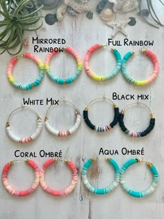 six pairs of hoop earrings with different colors and sizes on each earring, sitting next to an air plant