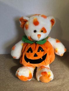 a teddy bear with a pumpkin on it's chest