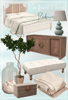 the bedroom is decorated in neutral tones and white furniture, including a bed, dresser, footstool, lamp, potted plant and vase