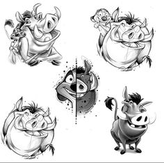 four different disney characters drawn in black and white