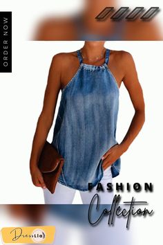 Fashion Trend Women Ladies Sexy Halter Denim Imitation Jean Vest Solid Color Lace Up Sleeveless Casual Top Tanks Camisole Trendy Stretch Halter Top Sleeveless Blouse, Trendy Stretch Sleeveless Halter Top, Blue Stretch Denim Tank Top, Casual Stretch Halter Top Sleeveless Blouse, Stretch Cotton Sleeveless Denim Vest, Casual Stretch Halter Top, Stretch Denim Blue Sleeveless Vest, Casual Sleeveless Denim Tank Top, Blue Denim Vest Top For Summer