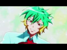 an anime character with green hair and red bow tie