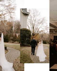 the bride and groom are walking down the path together at their wedding reception in front of an outdoor venue