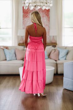 We love this halter maxi gown dress that has a criss cross cut out detail and ruffles! Fit: true to size with stretch making it an easy fit. Model is 5'6 wearing size small White Dress Formal, Feather Tops, Summer Sundress, Beach Bridal, Maxi Gown, Maxi Gown Dress, Halter Maxi, Top Graphic Tees, Maxi Gowns