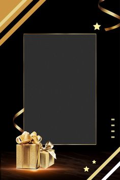 a black and gold christmas card with presents on the bottom, surrounded by golden stars