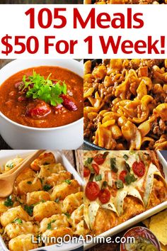 the ultimate meal guide for one week with over 150 meals on it and text overlay that reads,'15 meals $ 50 for 1 week