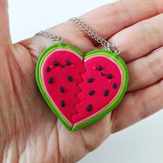 This set of 2 friendship watermelon heart necklaces are handmade with polymer clay by myself, they are completely adorable!  - Chains are made of high quality stainless steel suitable for sensitive skin. - Pendants are aprox. 5 cm big I love to making custom orders! I'll work with you to make something completely unique and exactly how you want it; this includes shape, size and color that you adore. Let me know what you like and I'll do it.  Perfect for unique gifts, treats for yourself or speci Handmade Necklaces For Best Friend Gift On Valentine's Day, Handmade Necklace For Best Friend Gift On Valentine's Day, Cute Handmade Necklaces For Friendship, Trendy Handmade Heart Charm Necklaces, Handmade Green Heart Necklace As Gift, Pink Heart-shaped Friendship Necklaces, Pink Heart Friendship Necklaces, Pink Heart Necklaces For Friendship, Cute Green Jewelry For Valentine's Day